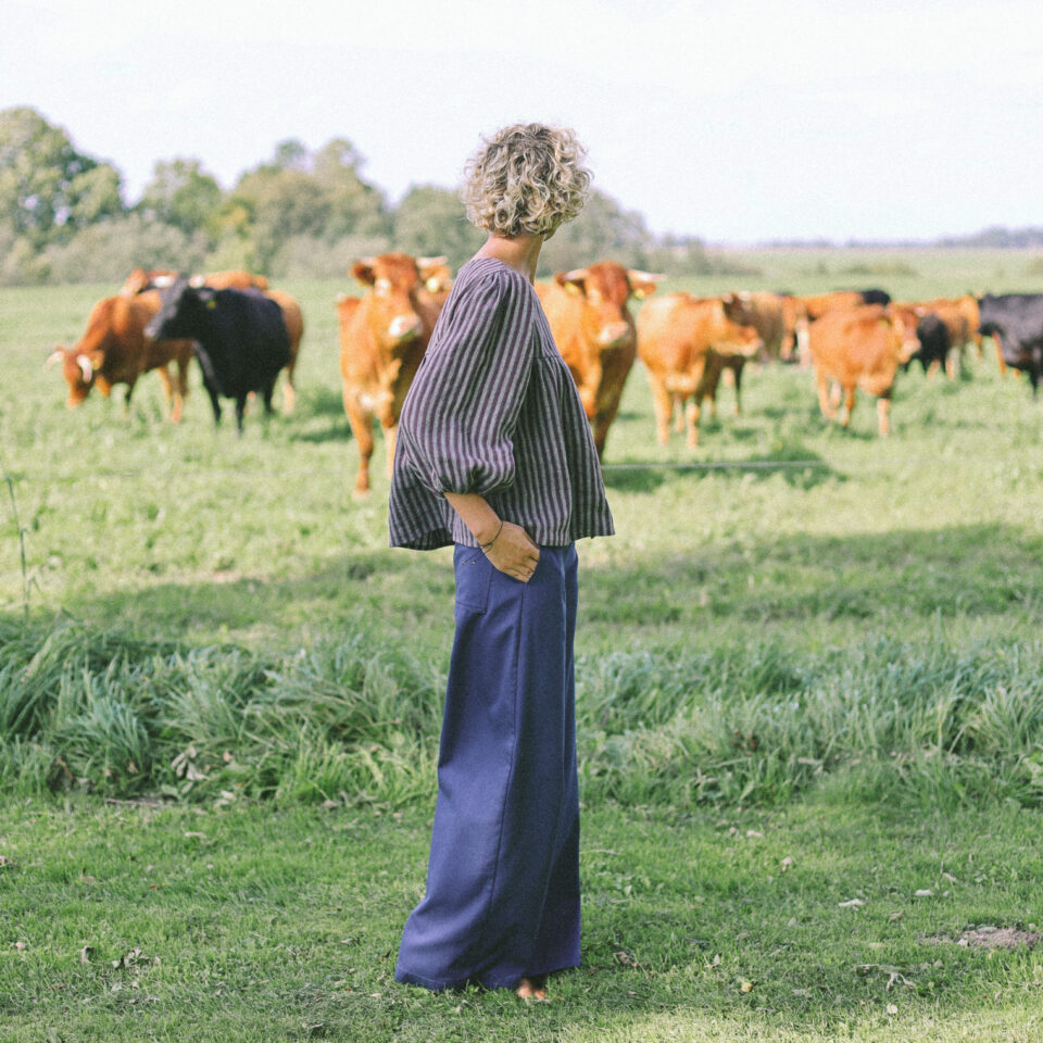 Striped Jacquard Linen Blouse with Puffy Sleeves | Tops | Sustainable clothing | OffOn clothing